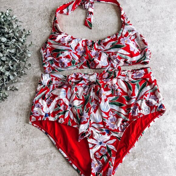 ModCloth Floral Red and White Bikini Size Large - Picture 1 of 10